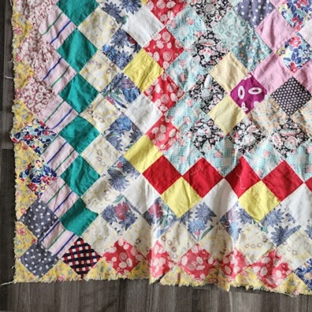 1940s Trip Around World Quilt Top Only Feedsack Patchwork 65x73 Scrap